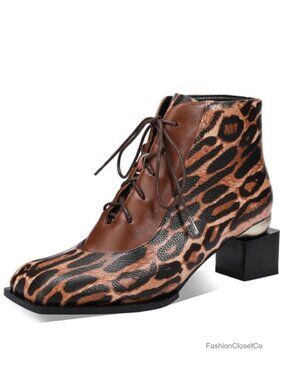 Faux Leather Square Toe Lace Up Ankle Boots Chunky Heel Women's Booties